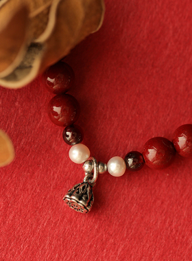 高含量紫金砂朱砂手串国风淡水珍珠纯银莲蓬手链女款本命年送礼物