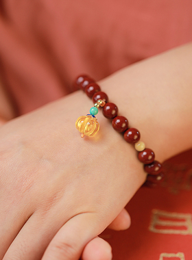 朱砂手链女正品吊蜜蜡南瓜款高纯度紫金砂手串本命年牛年饰品礼物