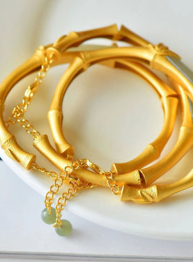 竹节手镯古法金纯银镶嵌天然和田玉青玉手环活口可调节送妈妈首饰