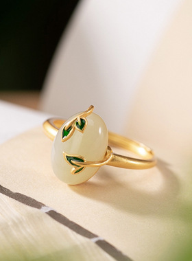 S925纯银镀金天然和田玉戒指复古景泰蓝叶子女士开口指环