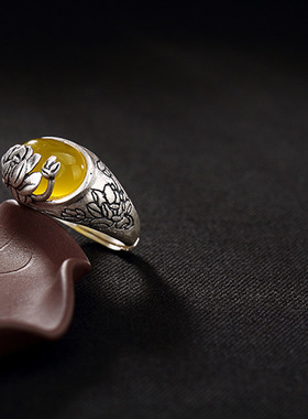 S990足银莲花镶嵌开口戒指复古哑光纯银指环女款黄玉髓白玉银戒指