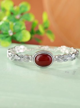 S925纯银蜜蜡血珀复古做旧编织麻花蛋面手镯气质高级银手链