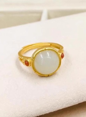 宫廷复古风蛋面戒指仿天然和田玉个性百搭高级感食指戒女士款指环