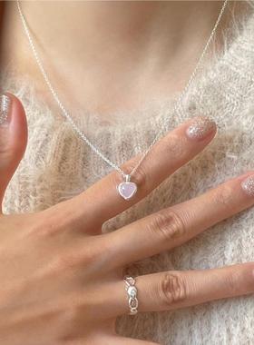 日韩网红款纯银粉白爱心项链锁骨链高级感百搭气质设计感简约潮流