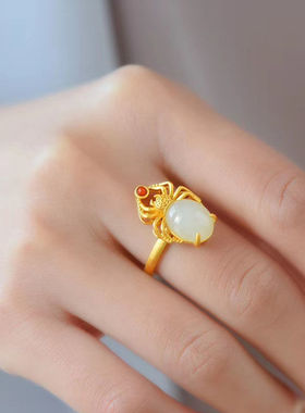 古法镀金仿和田玉蜘蛛戒指