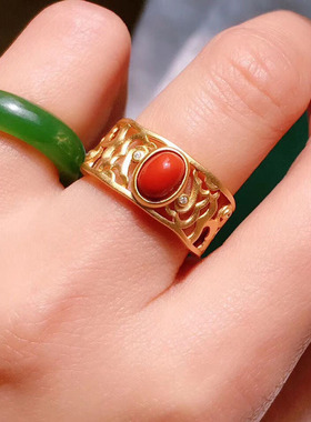 复古祥云纹指环银鎏金戒指