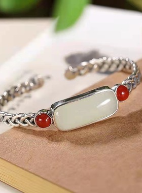 银手镯女镶嵌和田玉925纯银古风南红编织开口绞丝麻花银镯子手环