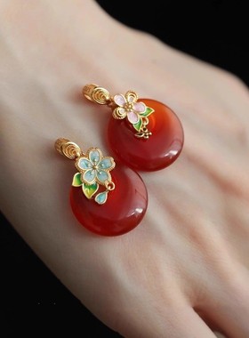 s925银五瓣花红色玛瑙项链