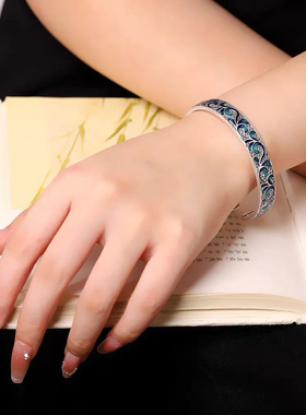 复古s925银描金珐琅彩唐草纹心经底手镯女实心开口新中式银镯子