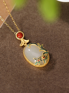 轻奢S925纯银镀金景泰蓝和田玉中国风藤蔓女士戒指耳钉手链吊坠