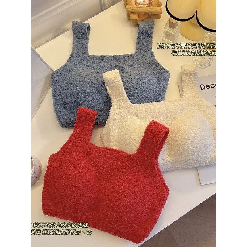 羊羔绒保暖背心吊带女士带胸垫免穿文胸纯欲毛绒加厚秋冬保暖内衣 - 图1