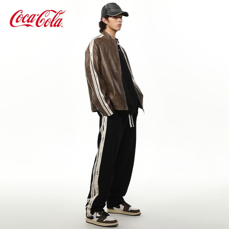 Coca-Cola可口可乐 美式复古机车皮衣外套直筒宽松休闲裤运动套装