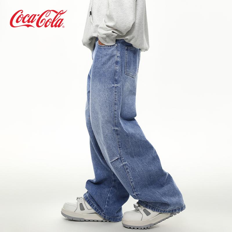 Coca-Cola/可口可乐打褶扎花条纹切割弯刀宽松休闲浅蓝牛仔裤男女