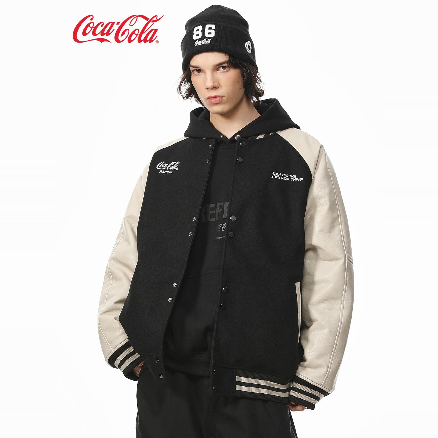Coca-Cola可口可乐 PU皮夹克男美式刺绣春秋款外套毛呢棒球服女