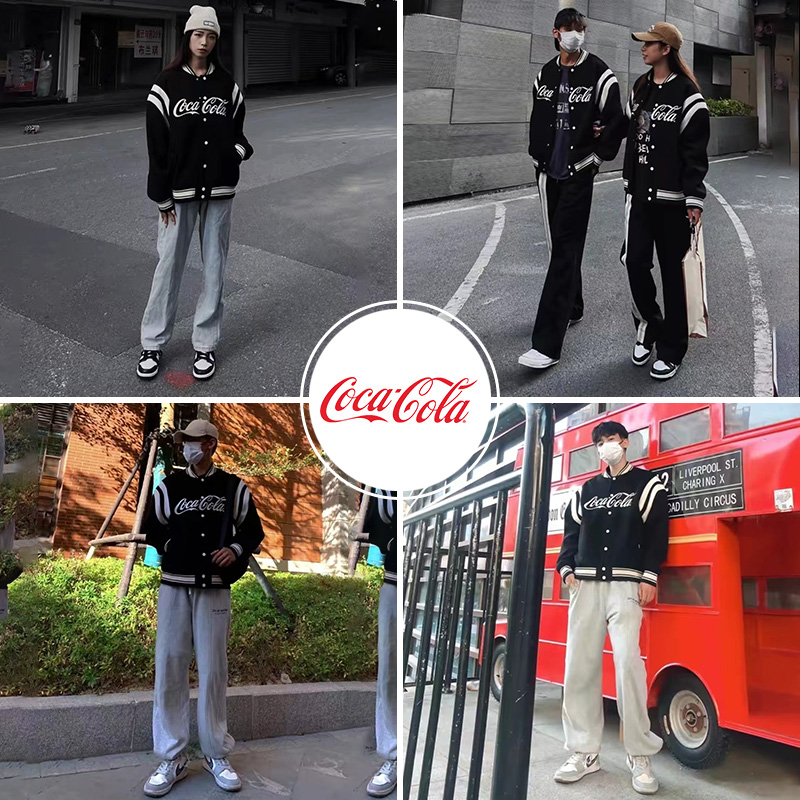 Coca-Cola/可口可乐 美式棒球服男女毛呢拼接春秋款夹克外套