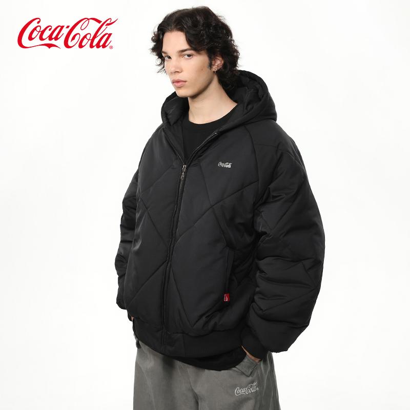 Coca-Cola可口可乐 菱形格榻榻米刺绣保暖外套休闲连帽棉服男女