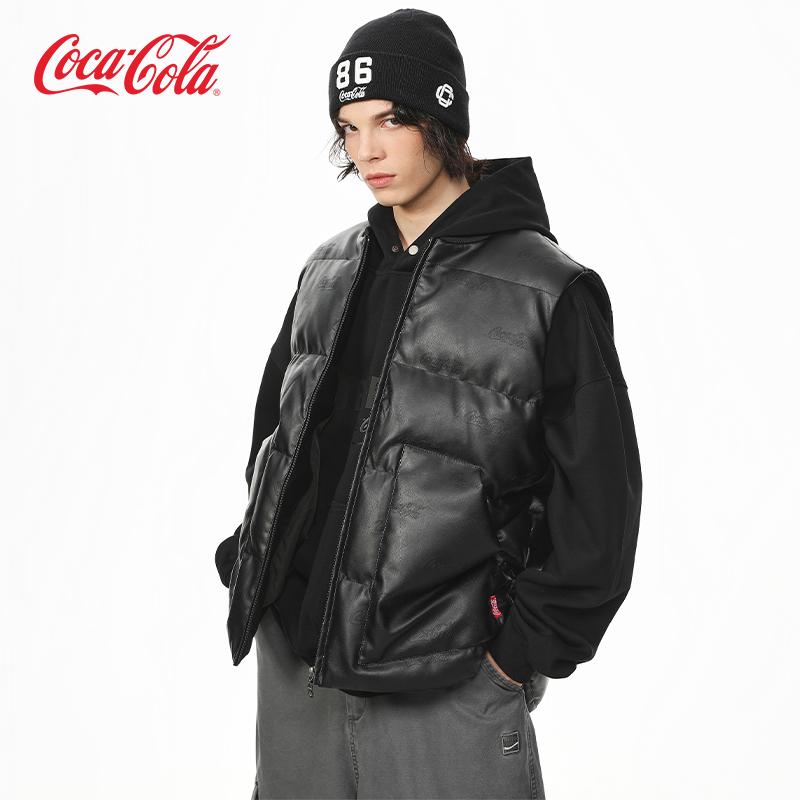Coca-Cola可口可乐 满版钢印PU皮防风保暖外套棉马甲 男女同款