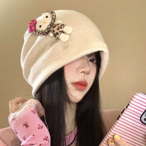 y2k豹纹kt猫玩偶冷帽HelloKitty立体包头帽大头围透气百搭堆堆帽 - 图3