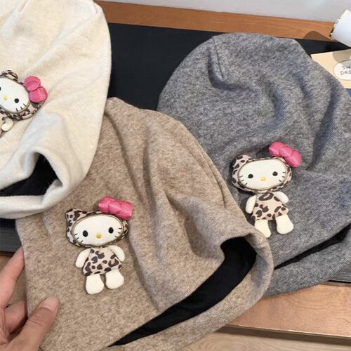 y2k豹纹kt猫玩偶冷帽HelloKitty立体包头帽大头围透气百搭堆堆帽 - 图2