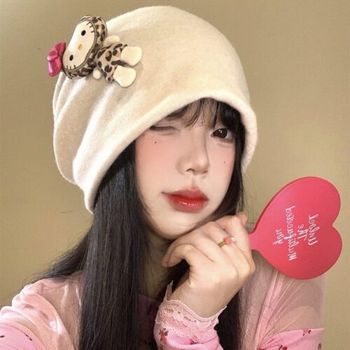 y2k豹纹kt猫玩偶冷帽HelloKitty立体包头帽大头围透气百搭堆堆帽 - 图1