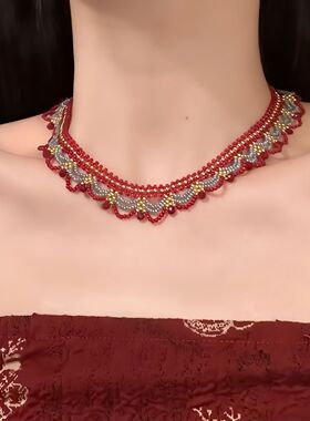 新中式小米珠蕾丝多层项链女国风高级感choker锁骨链复古轻奢颈链