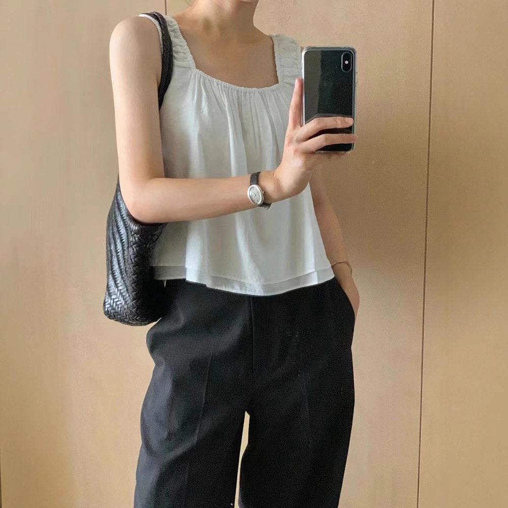 ounce现H25夏韩国东大门简约纯色设计感木耳肩带方领无袖上衣背心,淘宝优惠券,粉丝福利购,淘宝优惠卷