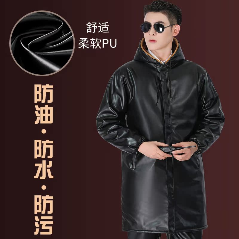 中长款加绒加厚皮衣外套男冬季保暖防水外卖连帽皮衣皮裤套装男 - 图0