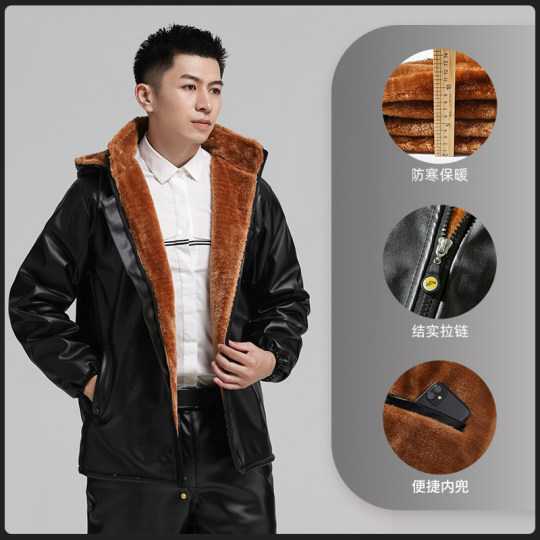 皮裤男加绒加厚防水防油外卖骑行防风耐磨冬季保暖皮衣皮裤套装男