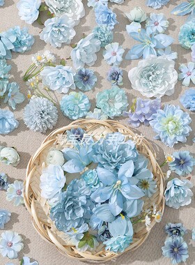 蓝色系混搭仿真花头diy材料包