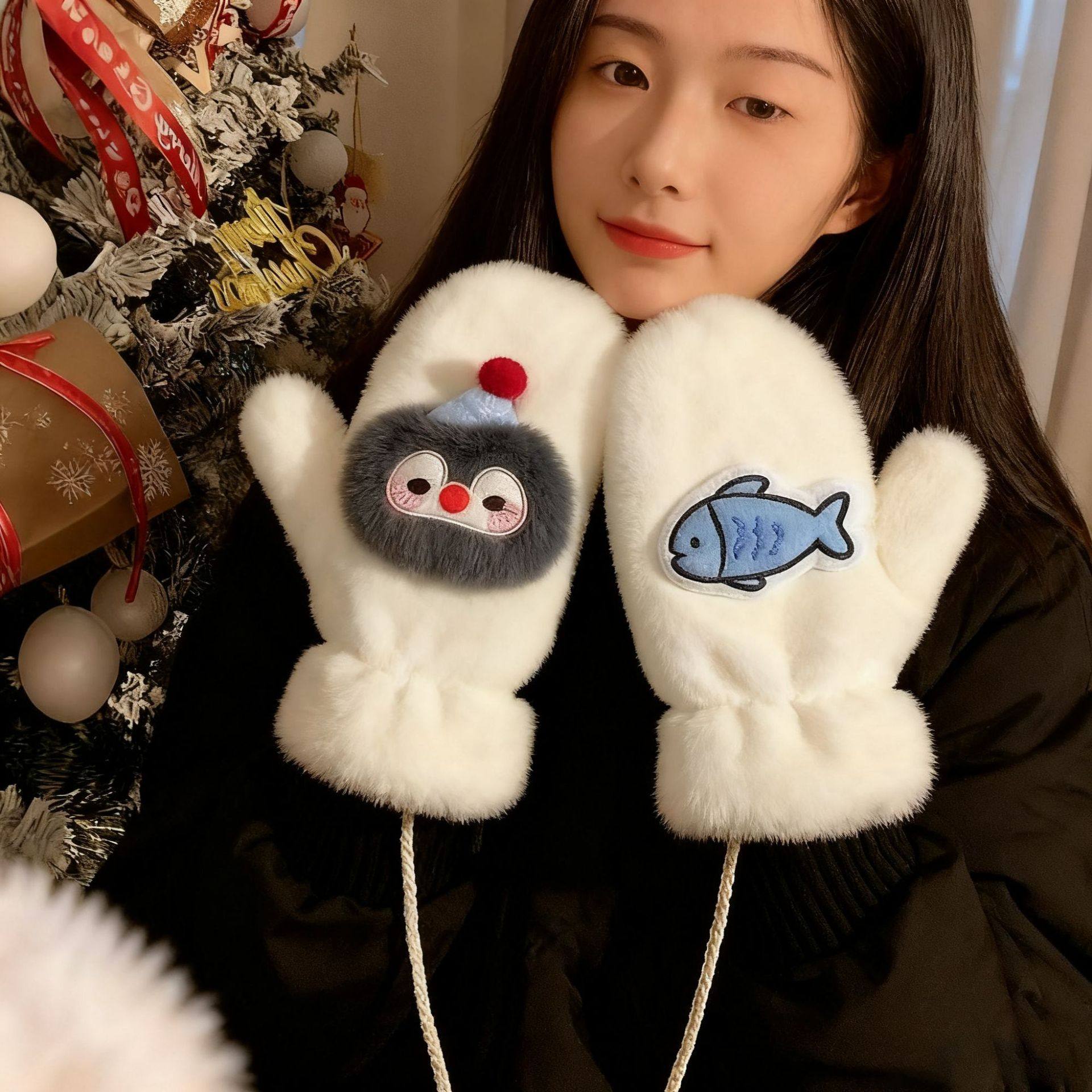 可爱毛绒手套冬季女款加绒学生骑车冬天挂脖企鹅防寒保暖连指全包,淘宝优惠券,粉丝福利购,淘宝优惠卷