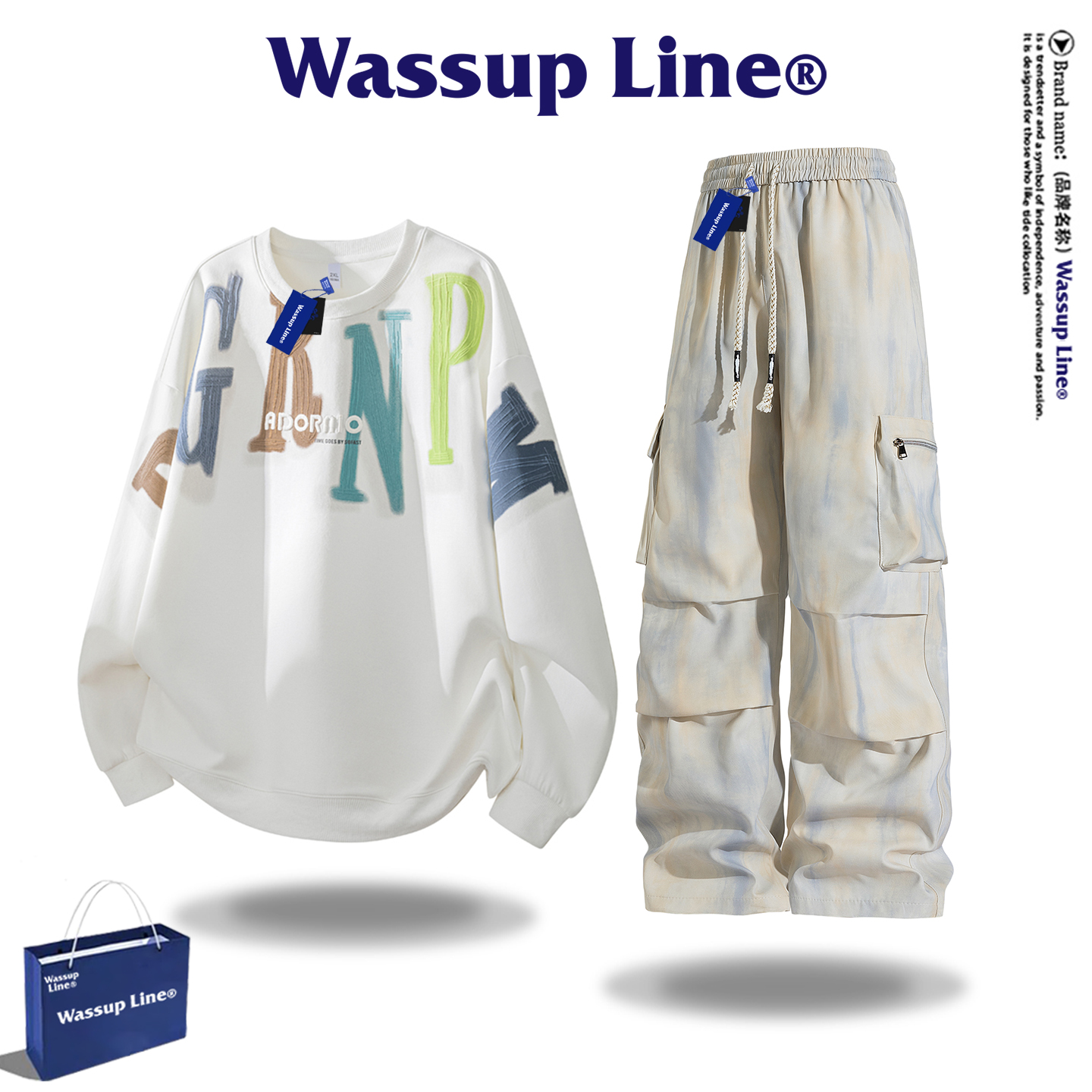 WASSUP Line潮牌美式休闲套装男款扎染宽松卫衣打底衫男士工装裤 - 图2