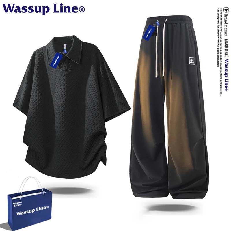 WASSUP Line潮牌美式套装男款短袖POLO衫短裤夏季薄款宽松两件套,淘宝优惠券,粉丝福利购,淘宝优惠卷