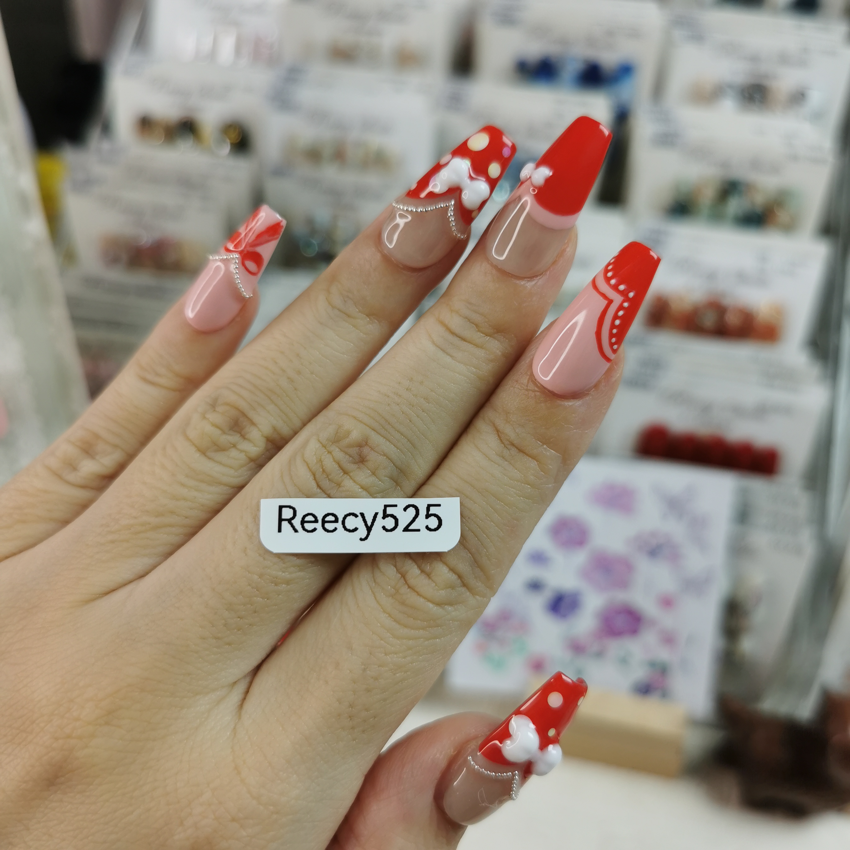 【Reecy手工穿戴甲】C022 双色波点立体蝴蝶结波浪法式手工穿戴甲 - 图2