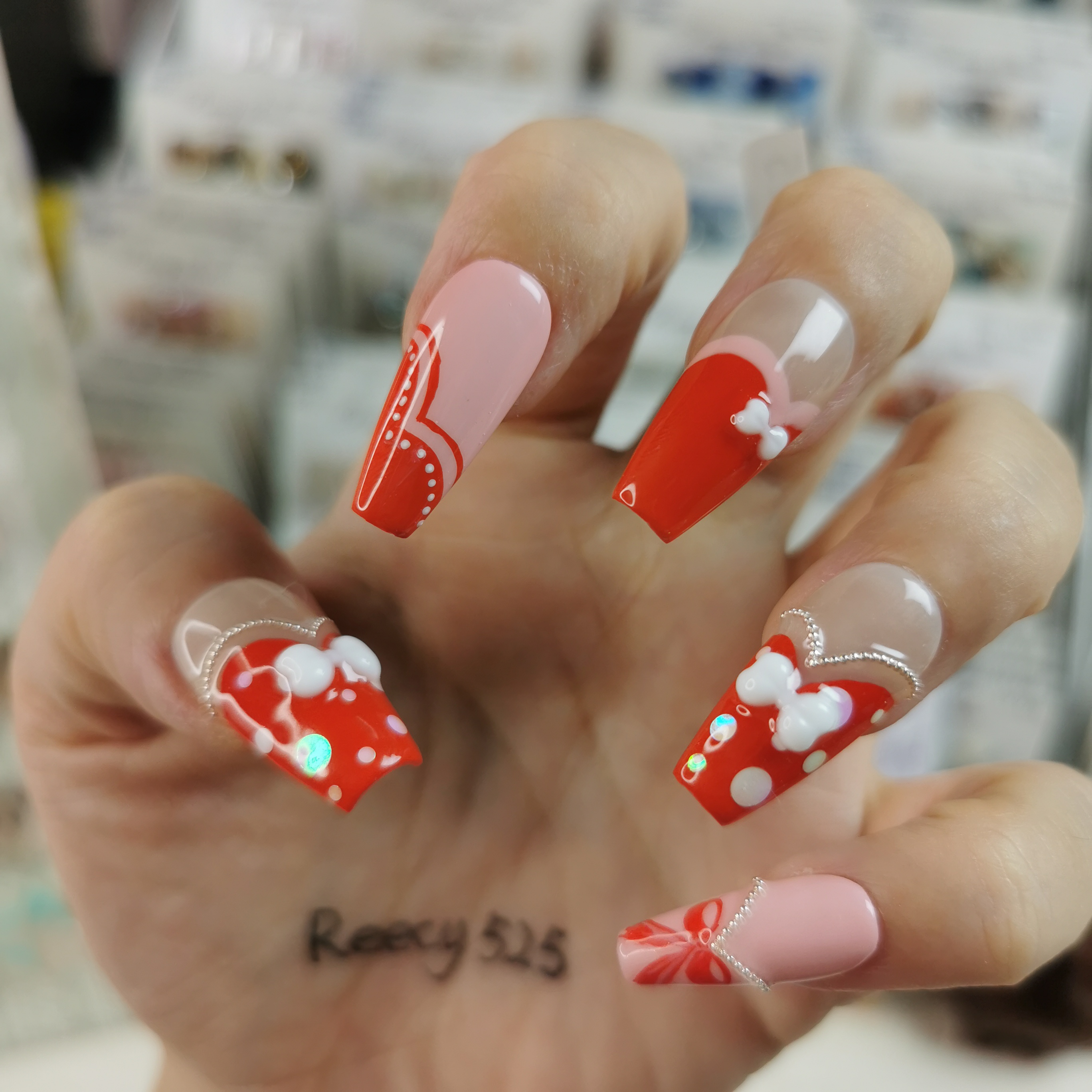 【Reecy手工穿戴甲】C022 双色波点立体蝴蝶结波浪法式手工穿戴甲 - 图3