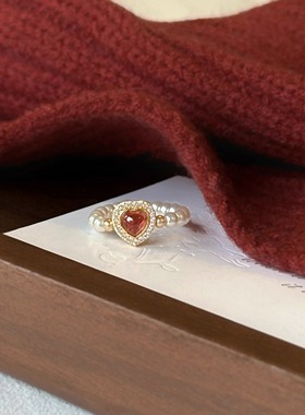 鲛人语/相思红豆 原创酒红色石榴石爱心新年礼物高亮正圆珍珠戒指