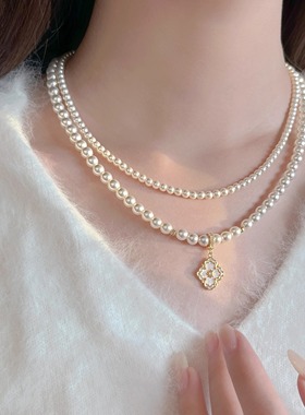 鲛人语/云间花房 原创高亮施家珍珠贝母双层项链轻奢感毛衣链女
