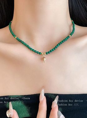 祖母绿孔雀石款锆石项链新中式几何吊坠锁骨链复古民族风项饰批发