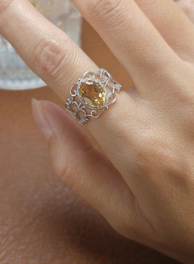 复古文艺民族风镂空9mm黄水晶蛋面戒指S925纯银镶嵌时尚百搭戒指