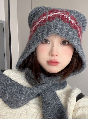 新款拼色秋冬保暖毛绒帽女时尚护耳套头帽个性百搭防寒针织帽子潮