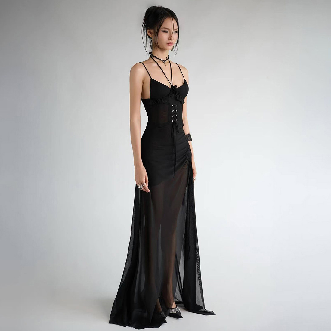 WEIRD PUSS 摩登辣妹T台秀褶皱网纱吊带连衣裙女性感开叉显瘦长裙,淘宝优惠券,粉丝福利购,淘宝优惠卷