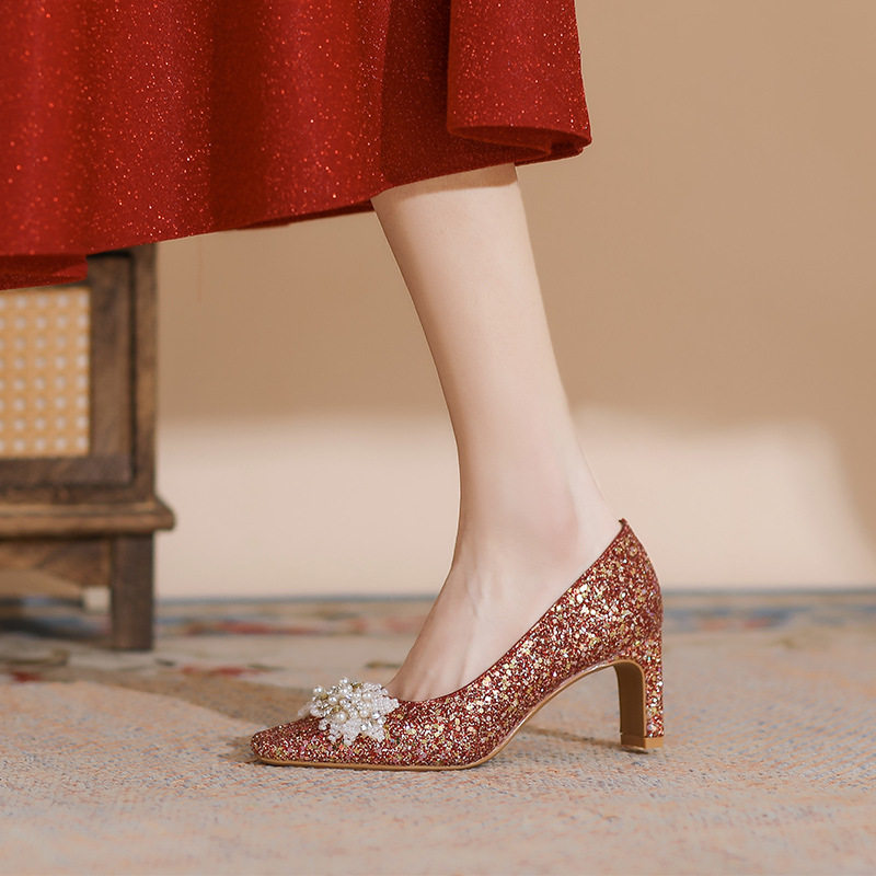 2026新款气质粗跟方头婚鞋中式喜庆红色新娘鞋珍珠水钻高跟鞋,淘宝优惠券,粉丝福利购,淘宝优惠卷
