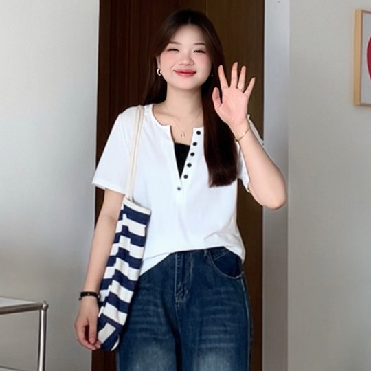 Women's Large Size Contrast Color Spliced Right Shoulder Short Sleeve T-Shirt Top