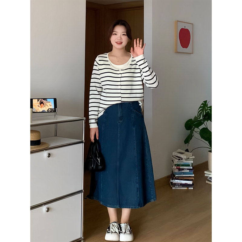 微胖的喵喵大码女装梨形mm秋装显瘦休闲假两件条纹针织衫上衣9292,淘宝优惠券,粉丝福利购,淘宝优惠卷