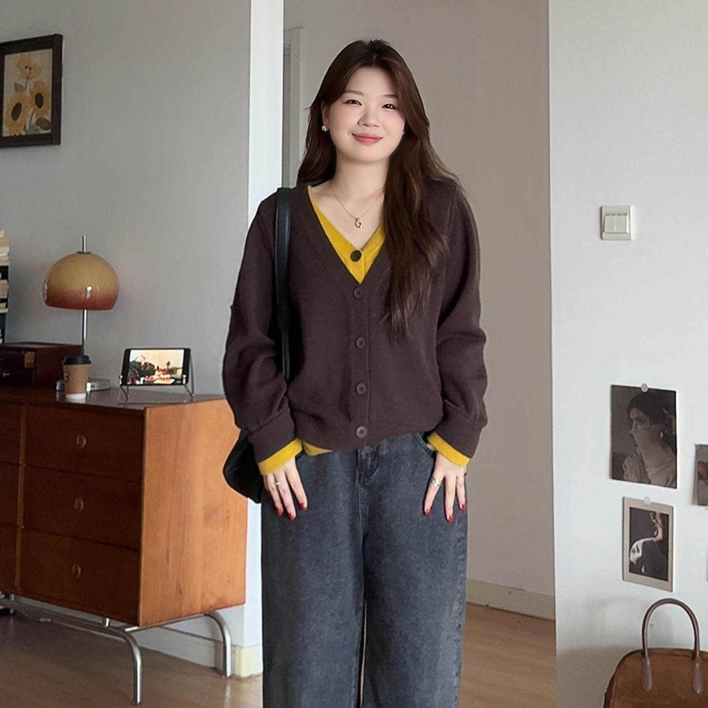 微胖的喵喵大码女装胖mm秋冬V领拼接气质假两件针织毛衣开衫3807,淘宝优惠券,粉丝福利购,淘宝优惠卷