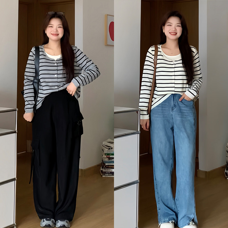 微胖的喵喵大码女装梨形mm秋装显瘦休闲假两件条纹针织衫上衣9292,淘宝优惠券,粉丝福利购,淘宝优惠卷