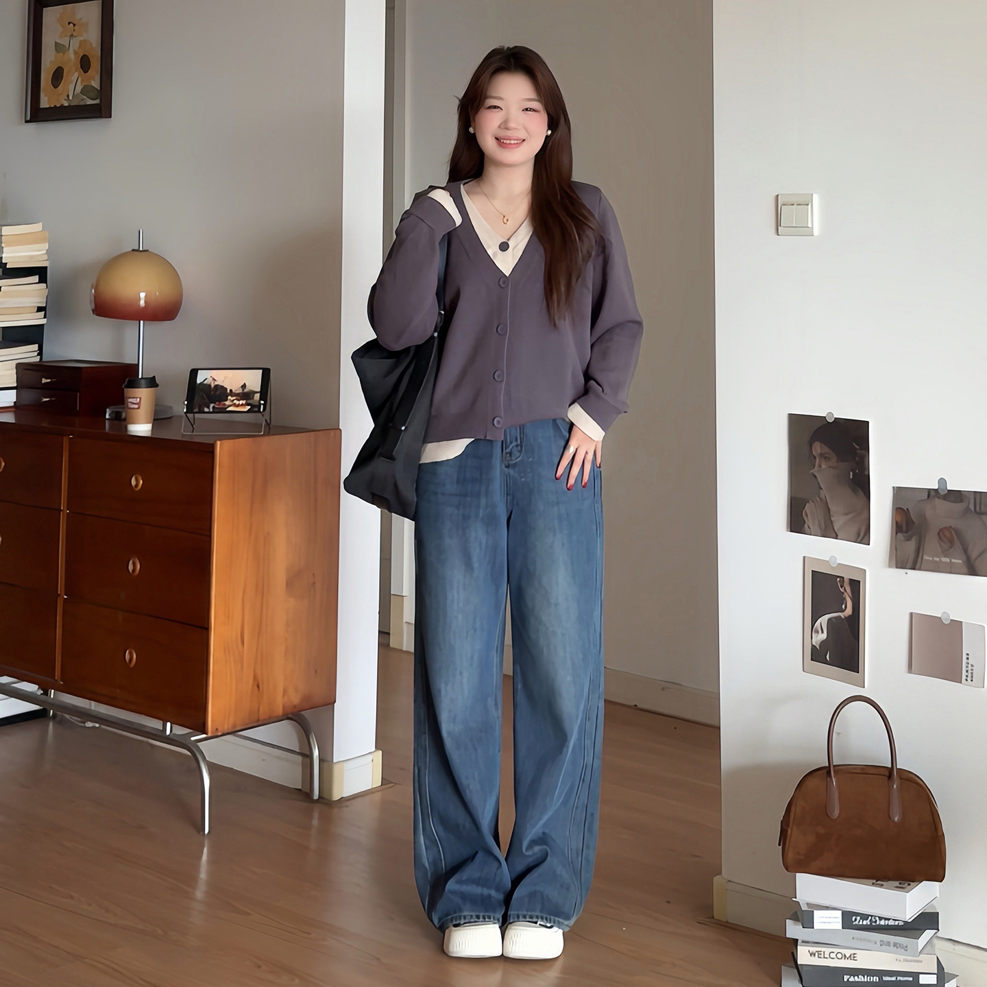 微胖的喵喵大码女装胖mm秋冬V领拼接气质假两件针织毛衣开衫3807,淘宝优惠券,粉丝福利购,淘宝优惠卷