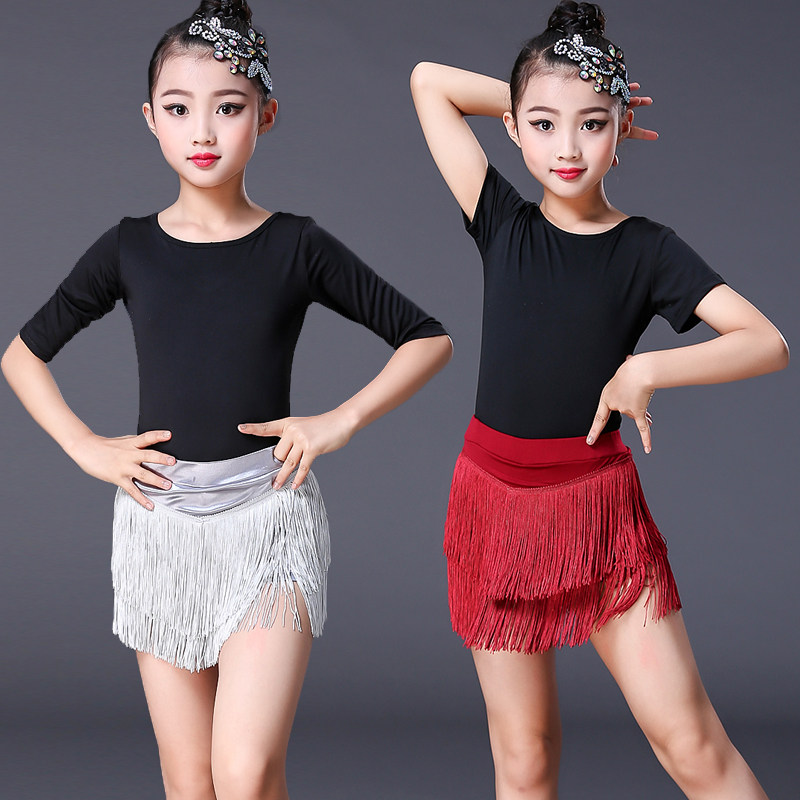 萌少儿拉丁舞服新款儿童恰恰银色分体流苏裙下装练习表演服半身裙 - 图2