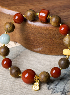 原创新中式黄奇楠沉香木南红玛瑙手链文玩翡翠南瓜珠手串一件代发