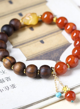 黄奇楠沉香木搭配蜜蜡原石手链新中式南红玛瑙双拼文玩手串批发女