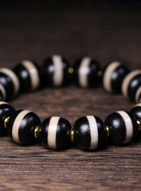 梵间星辰天然真品西藏庙供院供老矿玛瑙至纯黑白一线药师珠手串链